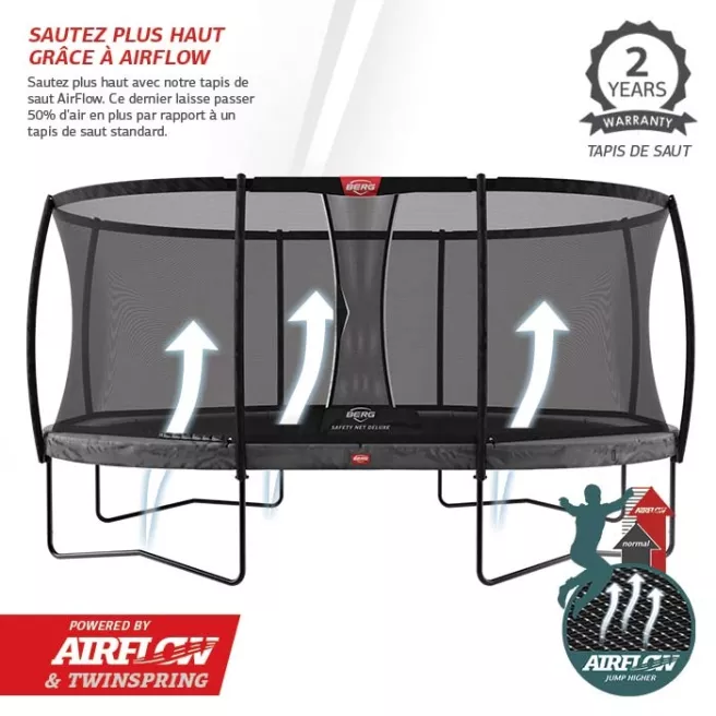 Trampoline Berg Grand Champion + filet de sécurité (sur pieds)